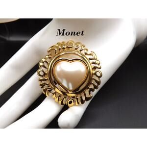 Vintage Monet "Mom" Gold Plated Heart Brooch, Faux Pearl Center, 1960s